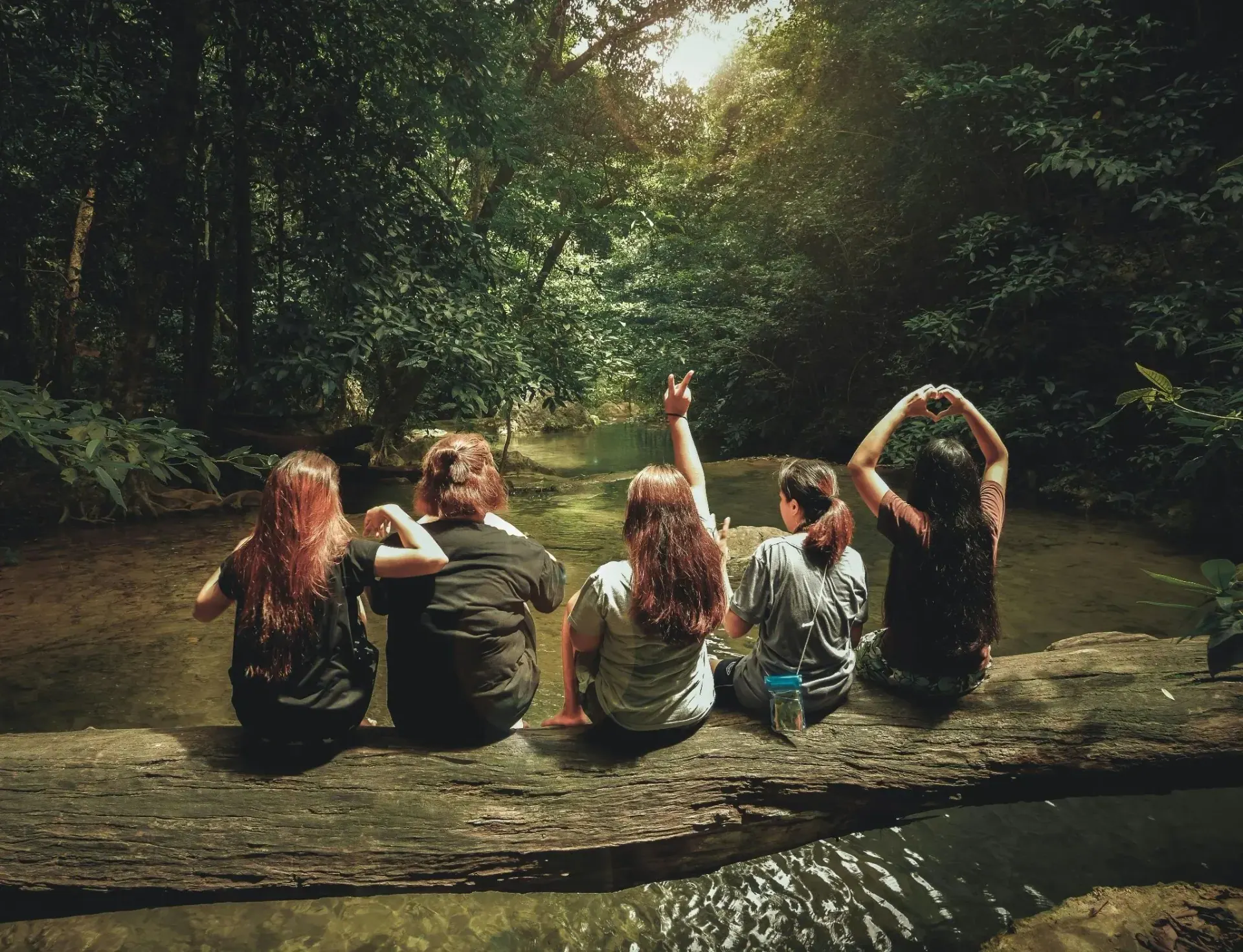 Grupo de amigos junto a un río en el bosque